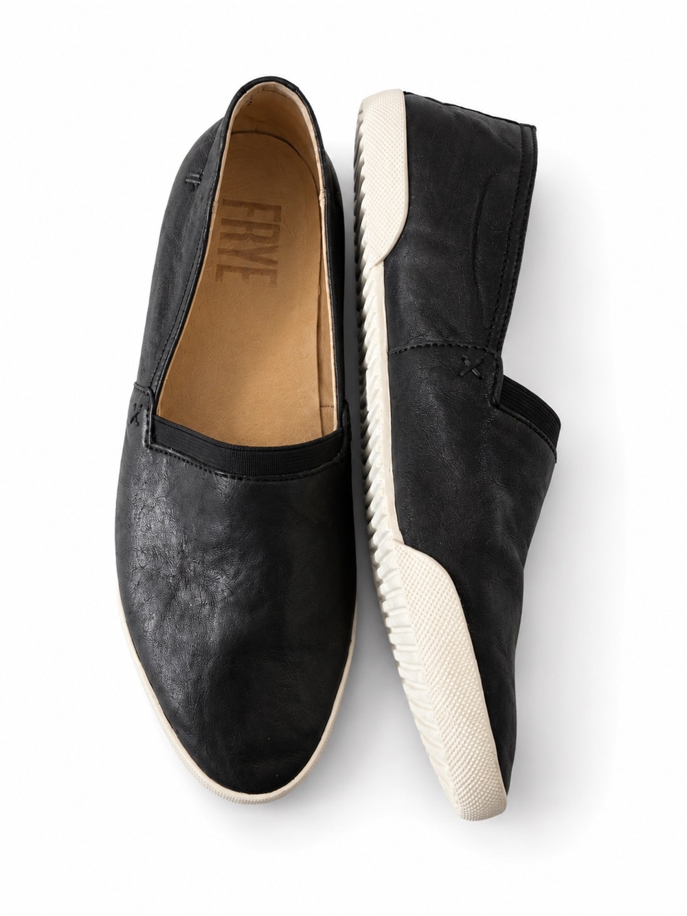 FRYE Black Slip-On Leather Flats with White Sole